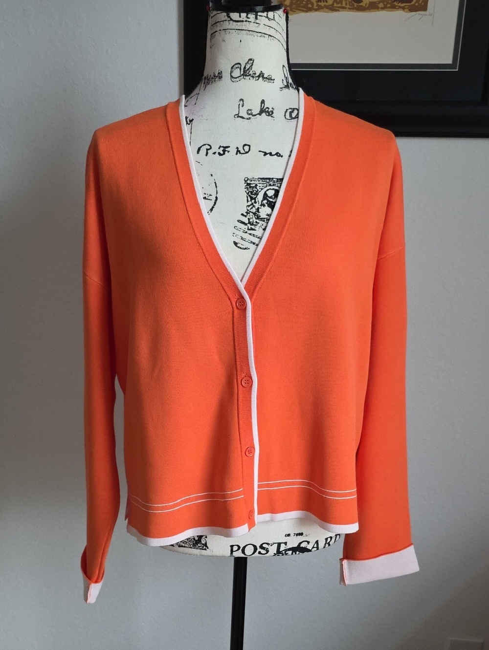 ME+EM Orange V-Neck Button Cardigan with White Trim